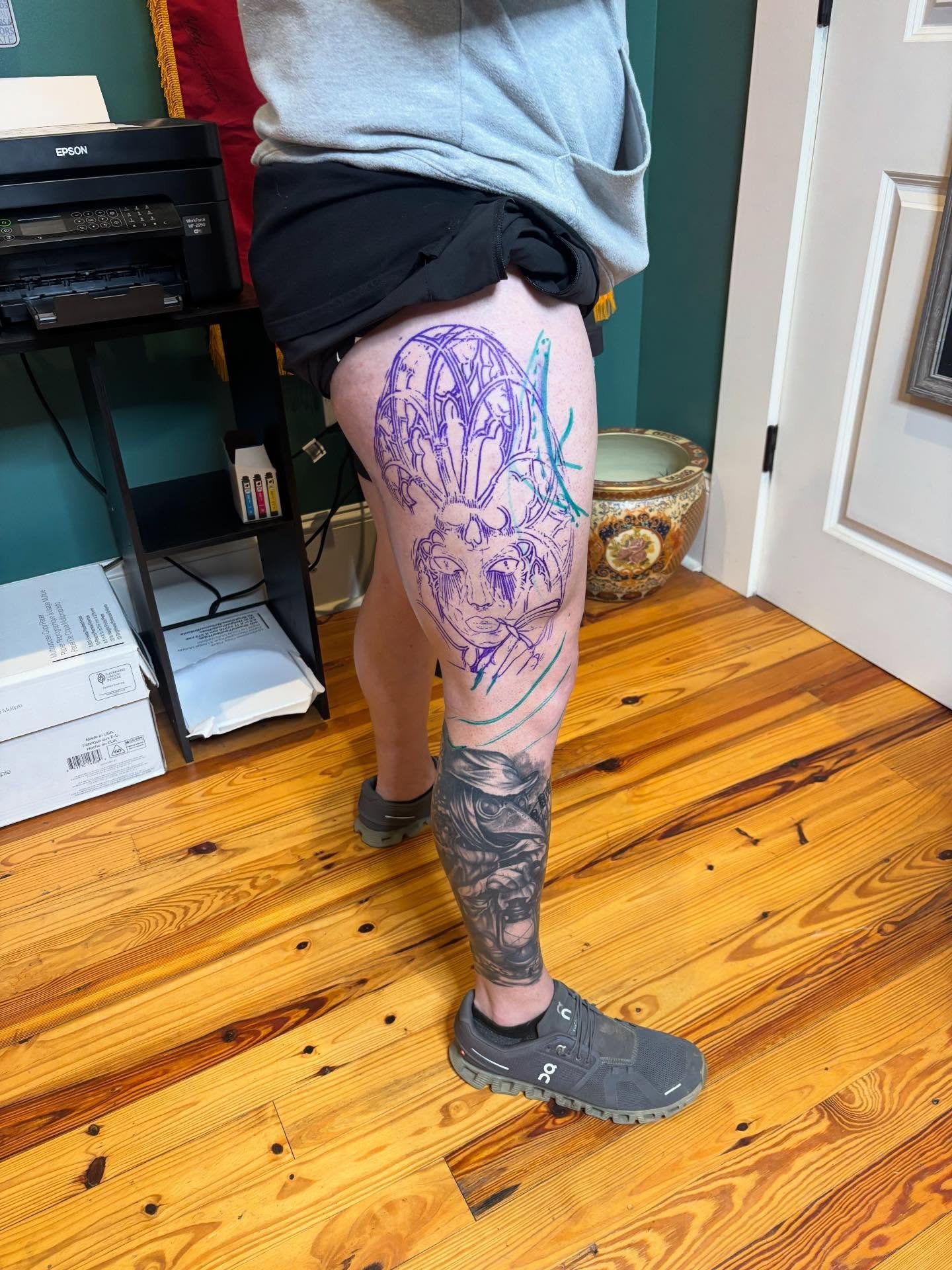 End of session 3 (I think 3?) for this leg sleeve! Super excited to get this thing finished.. it&rsquo;s coming out nice 🔥🔥
.
.
.
.
.
#carrollton #uwg #legsleeve #sleeve #largetattoo