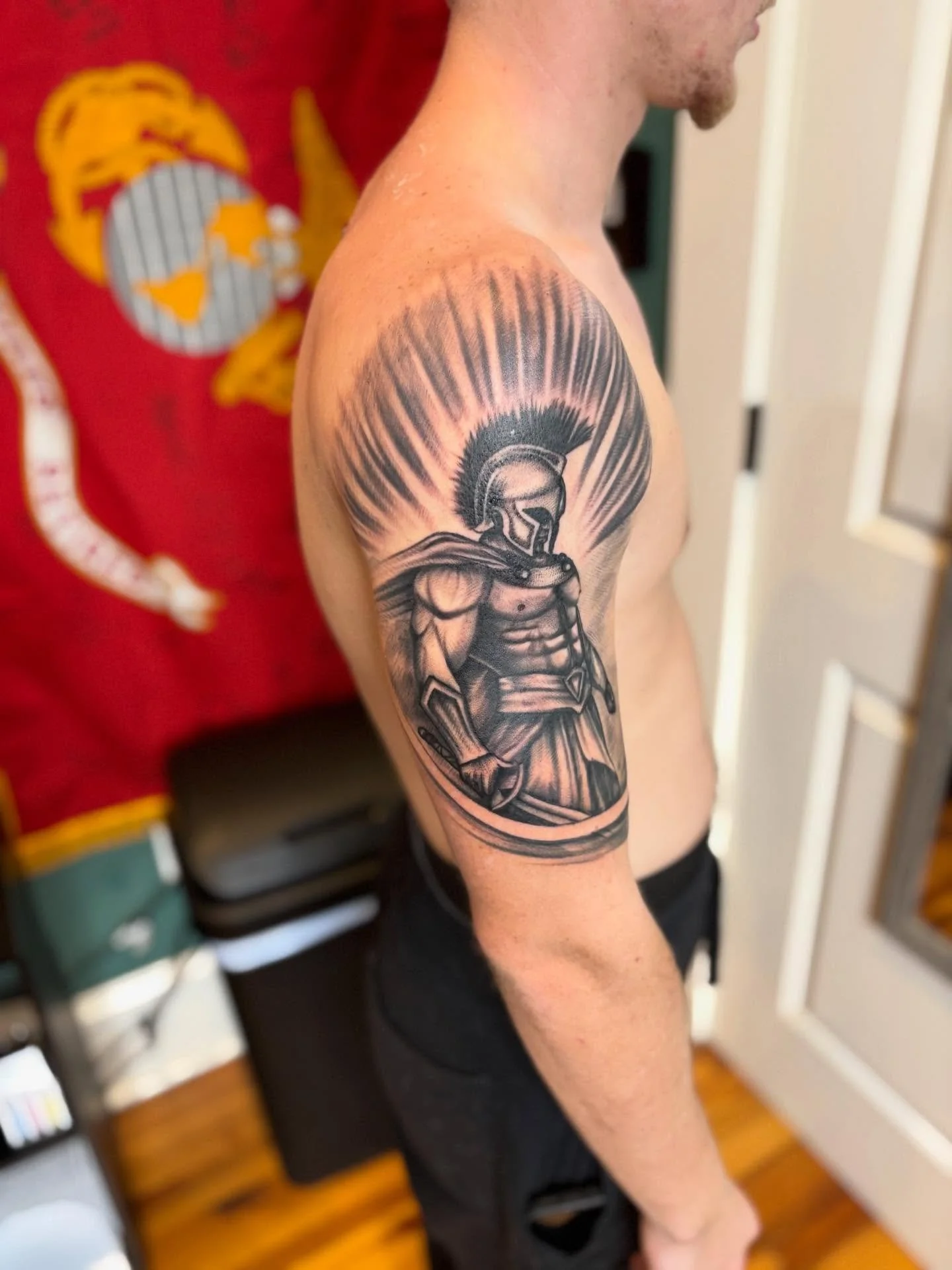This man sat better for his first tattoo then you do for your 100th (it&rsquo;s okay I sit like shit too).

Thanks for trusting me to get that first set of ink on your skin man!🔥🔥
.
.
.
.
.
.
#shouldertattoo #startofasleeve #spartantattoo #carrollt