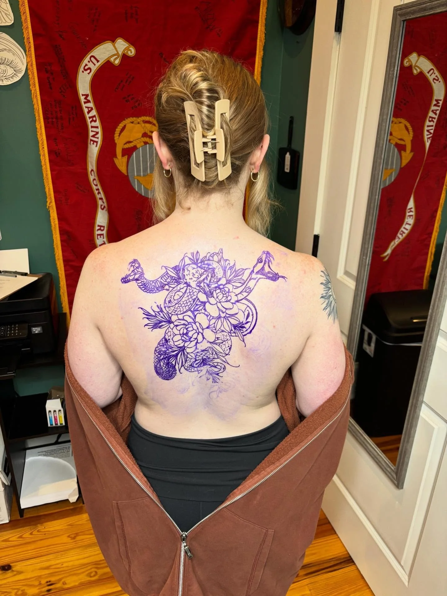 We had a couple &ldquo;that fucking hurts&rdquo; spots.. buuuuut!! We got the line work done on this awesome back piece and she sat well!! Stay tuned for our next session 🔥🔥🔥
.
.
.
.
#carrollton #snaketattoo #backtattoo #carrollton #gatattoo