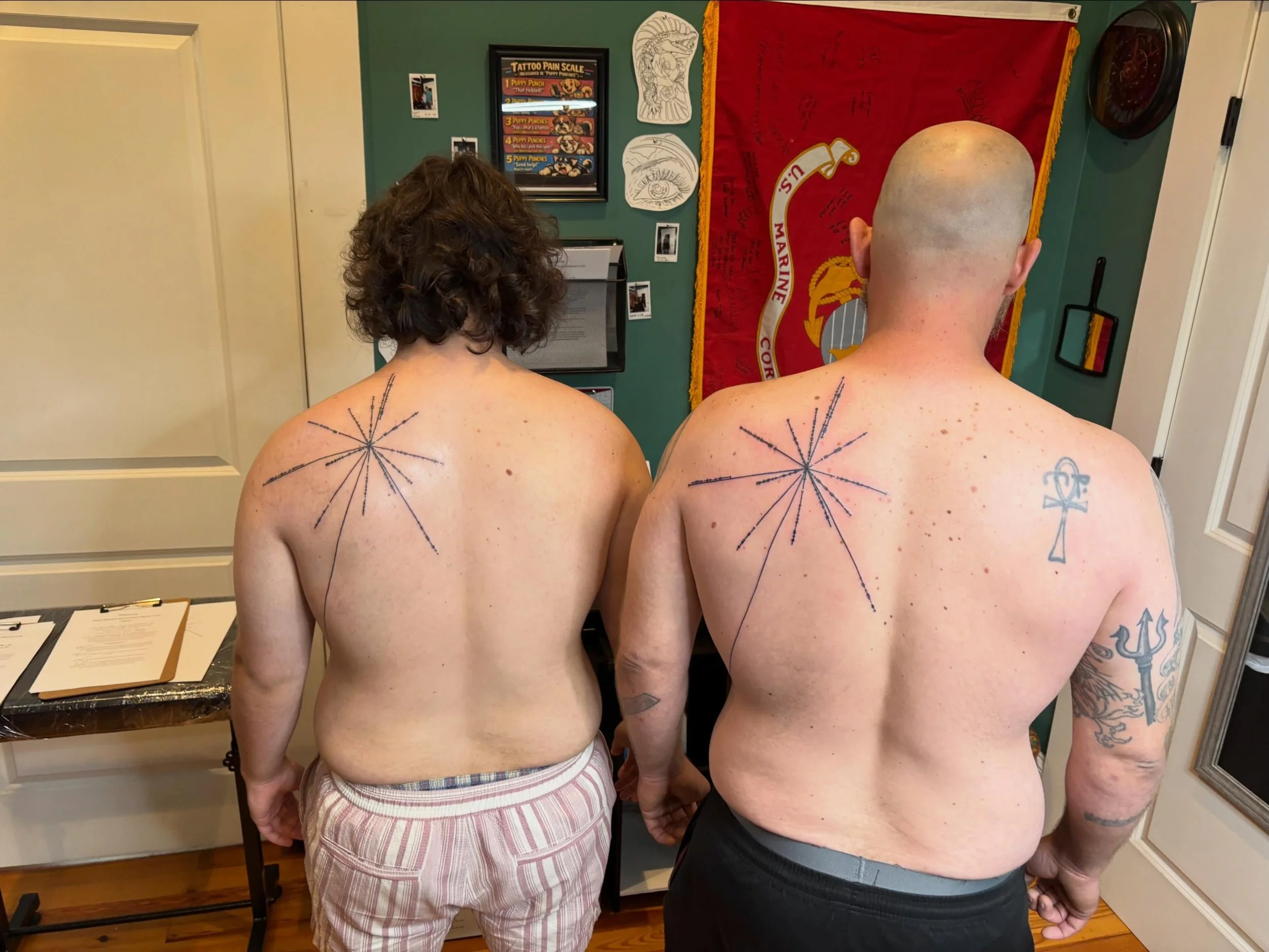 Matching father and son tattoo of the Carl Sagan-designed pulsar map. Great reminder that you can always find your way back regardless how far you venture 🔥🔥🔥
.
.
.
.
.
#matchingtattoos #matching #fatherson #lineworktattoo #carrollton