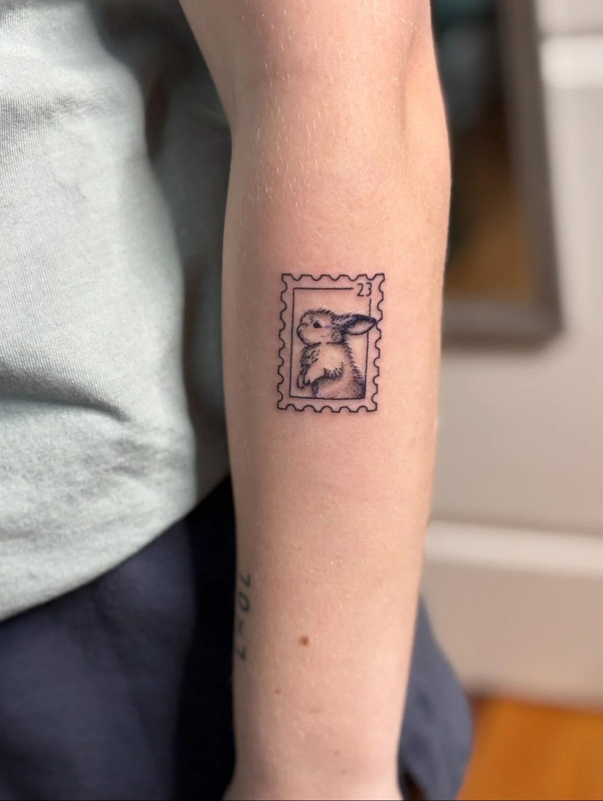 Tattoo of a bunny inside a postage stamp outline on someone's inner forearm.