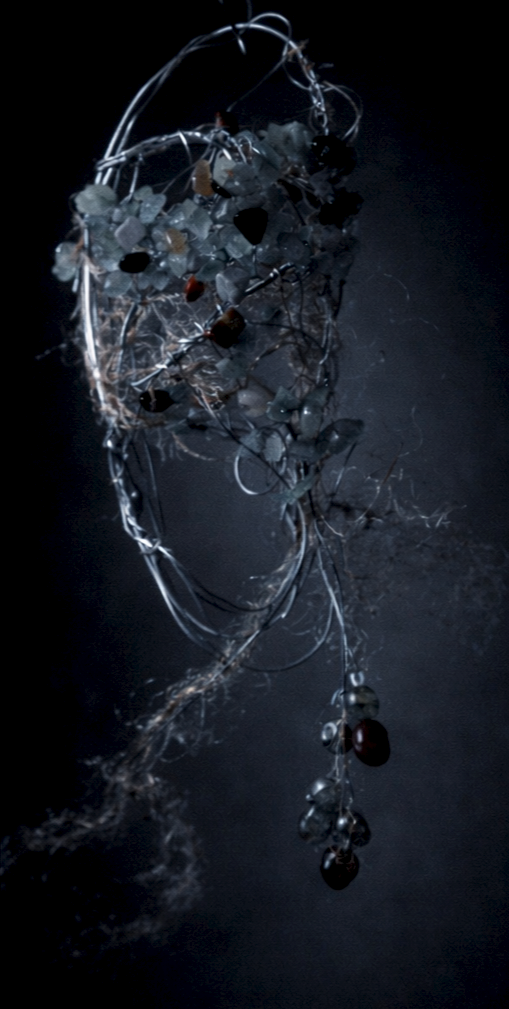 Where the lake was (detail), 2026 -ongoing, copper wire, aluminium wire, stone, light, variable dimensions