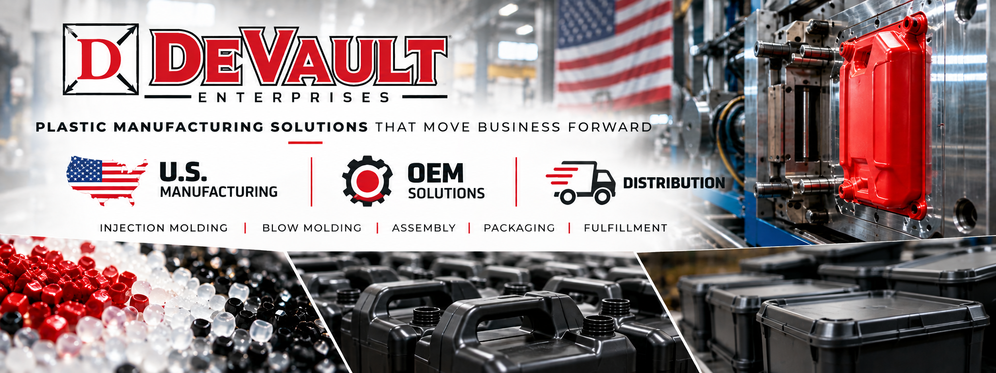 DeVault Enterprises plastic manufacturing capabilities including injection molding, blow molding, OEM solutions, assembly, packaging, fulfillment, and distribution in Tulsa, Oklahoma.