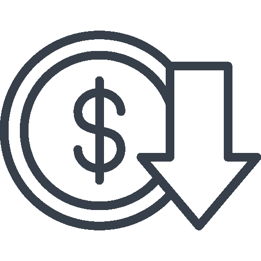 Icon of a dollar sign inside a circle with a downward arrow indicating a decrease in money or value.