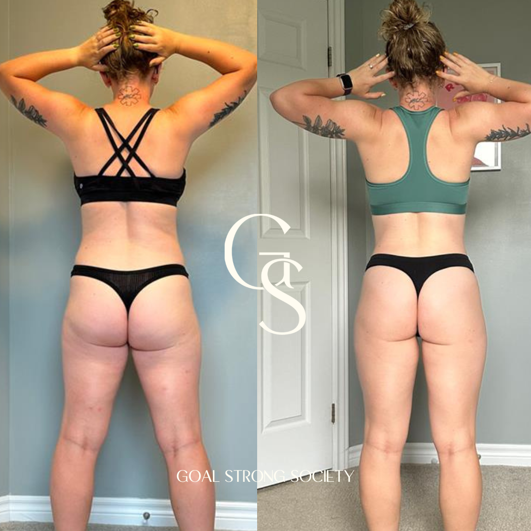 Side-by-side photo of a woman showing her back before and after fitness progress. In the 'before' photo, she wears a black sports bra with crisscross straps and black underwear, with visible muscle and fat. In the 'after' photo, she is wearing a teal