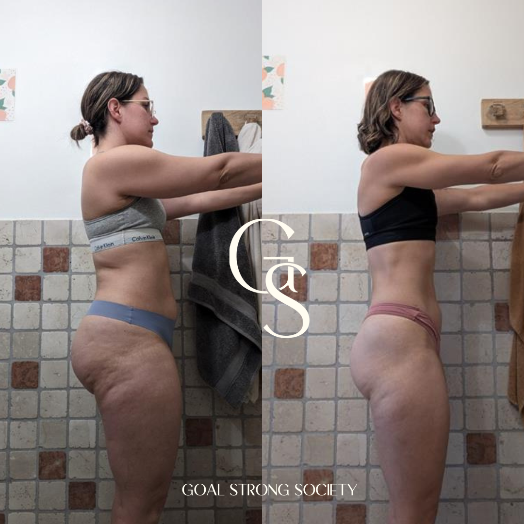 Side-by-side comparison of a woman before and after fitness progress, showing body transformation with reduction in body fat and improved muscle tone.