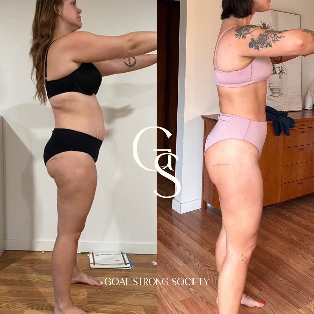 Side-by-side photos of a woman before and after body transformation, showing weight loss and muscle toning. The left photo shows her in a black bra and underwear with a fuller figure, and the right photo shows her in pink activewear with a slimmer, m