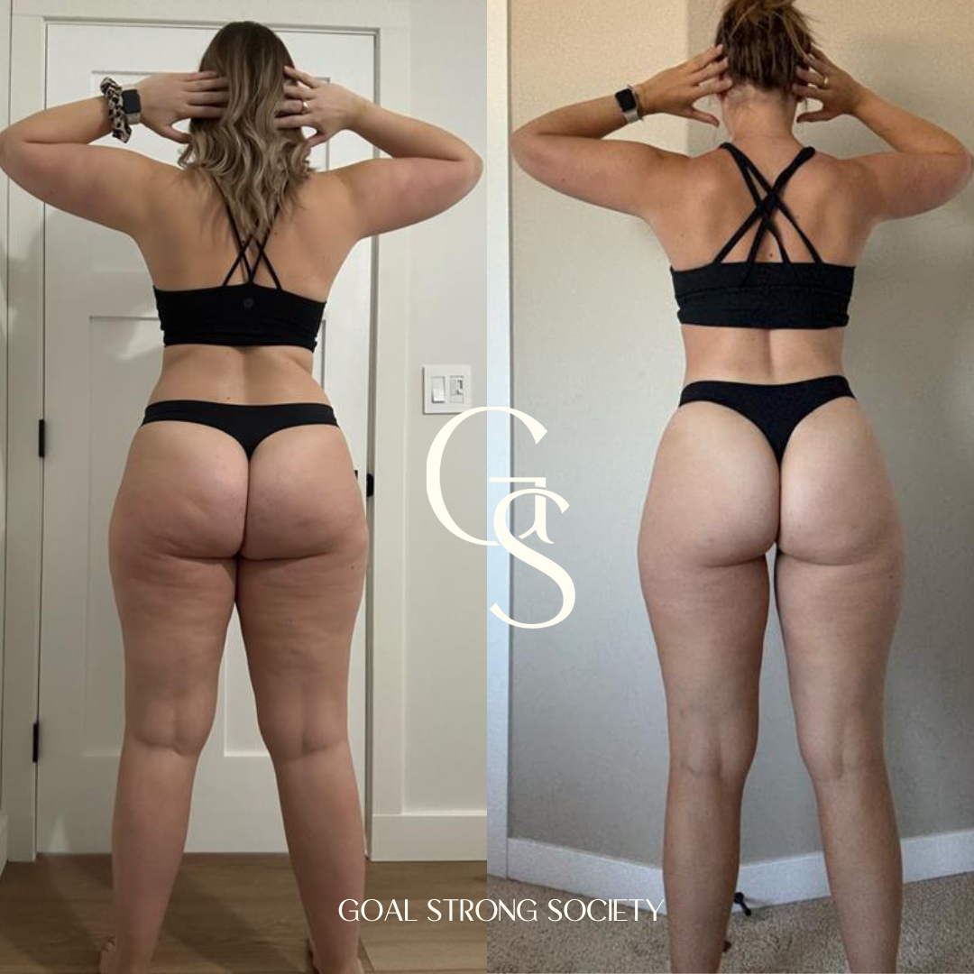 Side-by-side comparison of a woman's back showing before and after physical transformation, with toned arms and improved skin condition. She is wearing a black sports bra and matching underwear, holding her hair up with both hands in both photos.