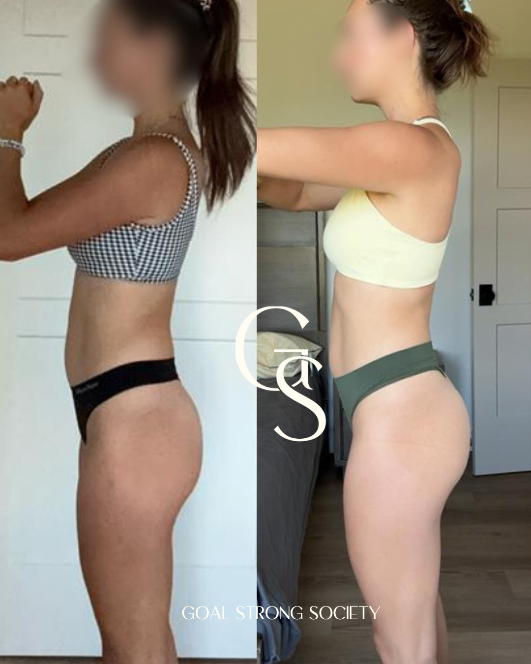 Side-by-side comparison of a woman before and after fitness transformation, showing improved muscle tone and body composition.