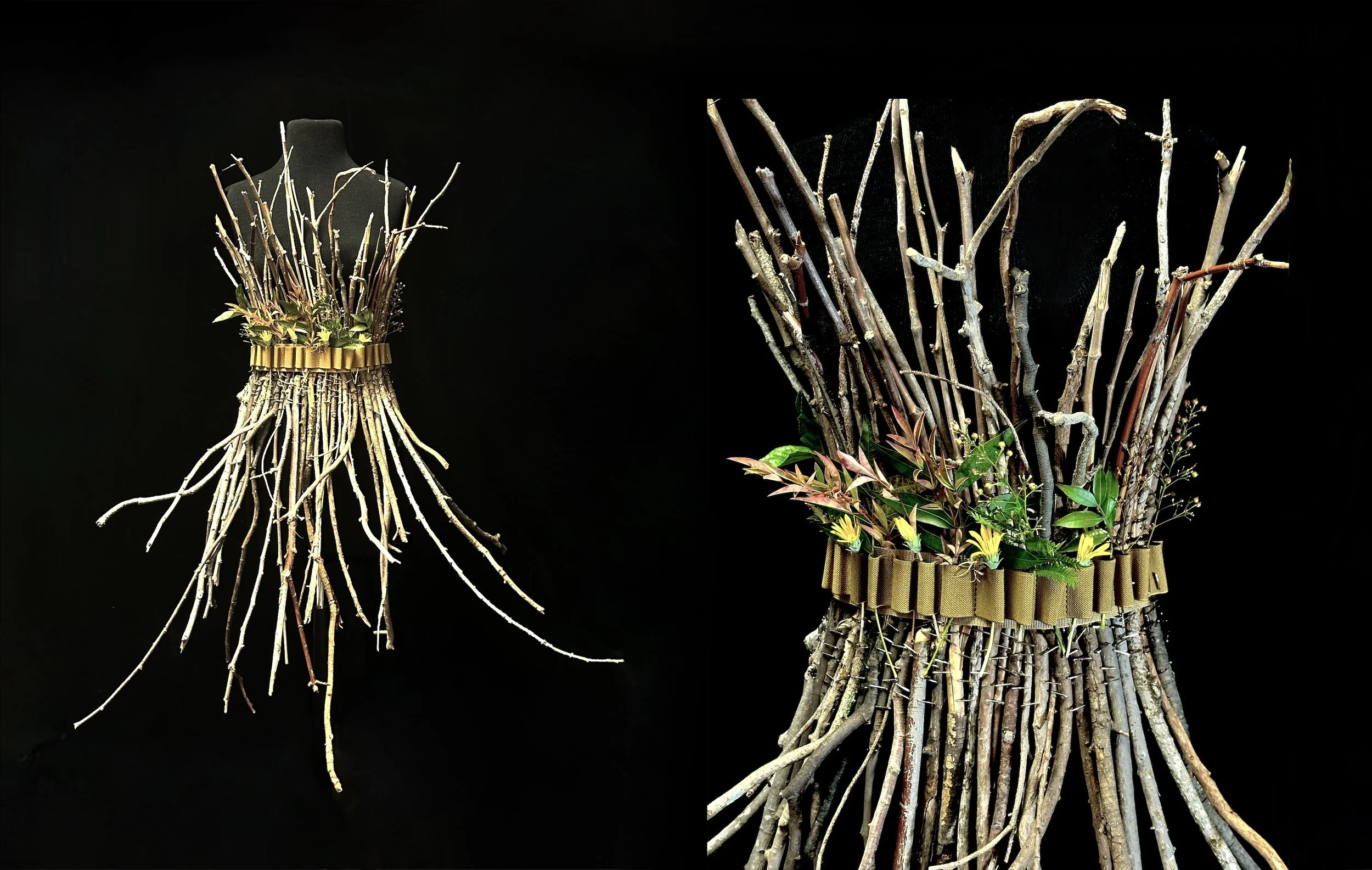 "Mother, Nature": tree branches, wildflowers, bandolier belt, mannequin