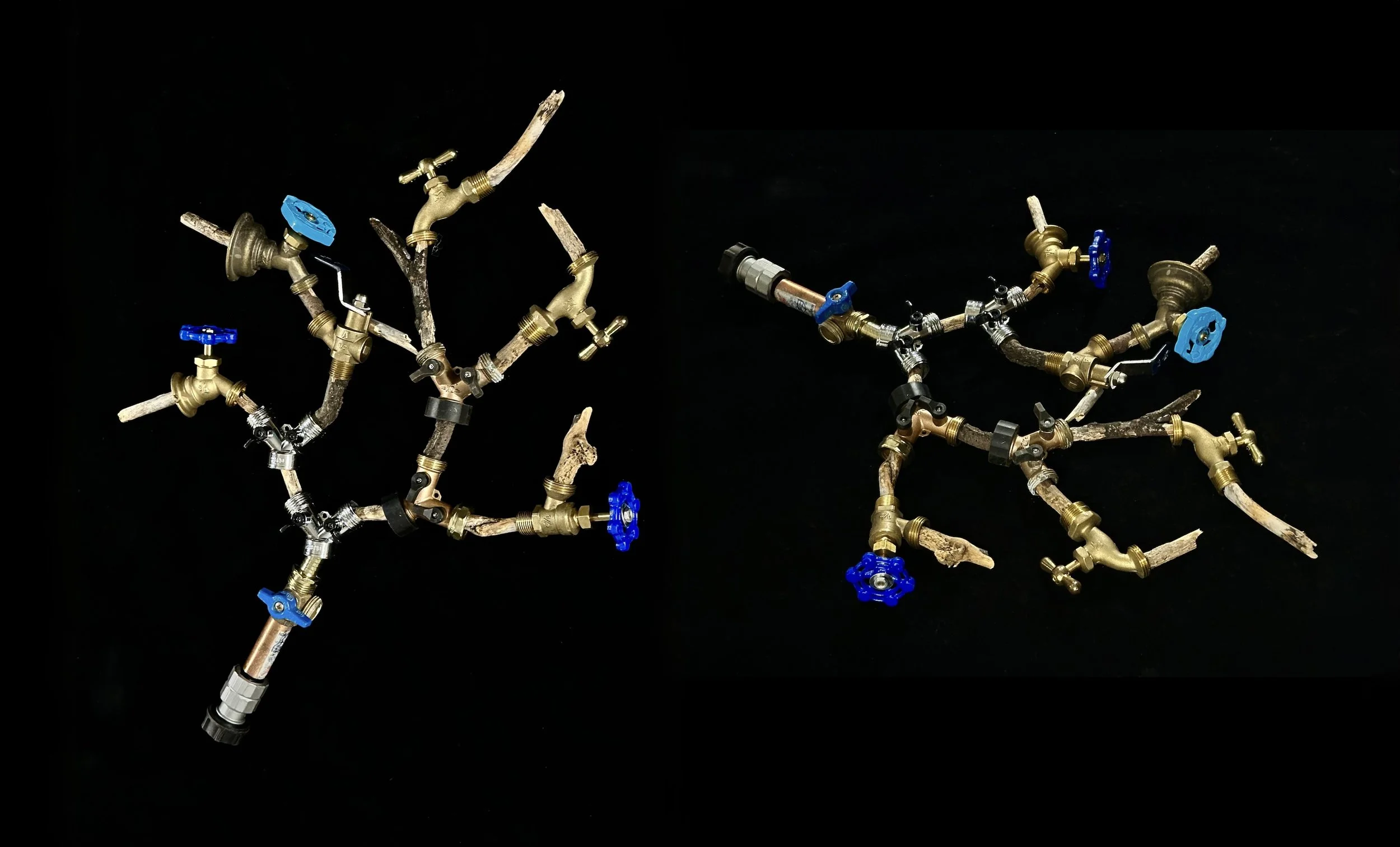 "(Un)natural Flow": assorted cast iron faucets, tree branches