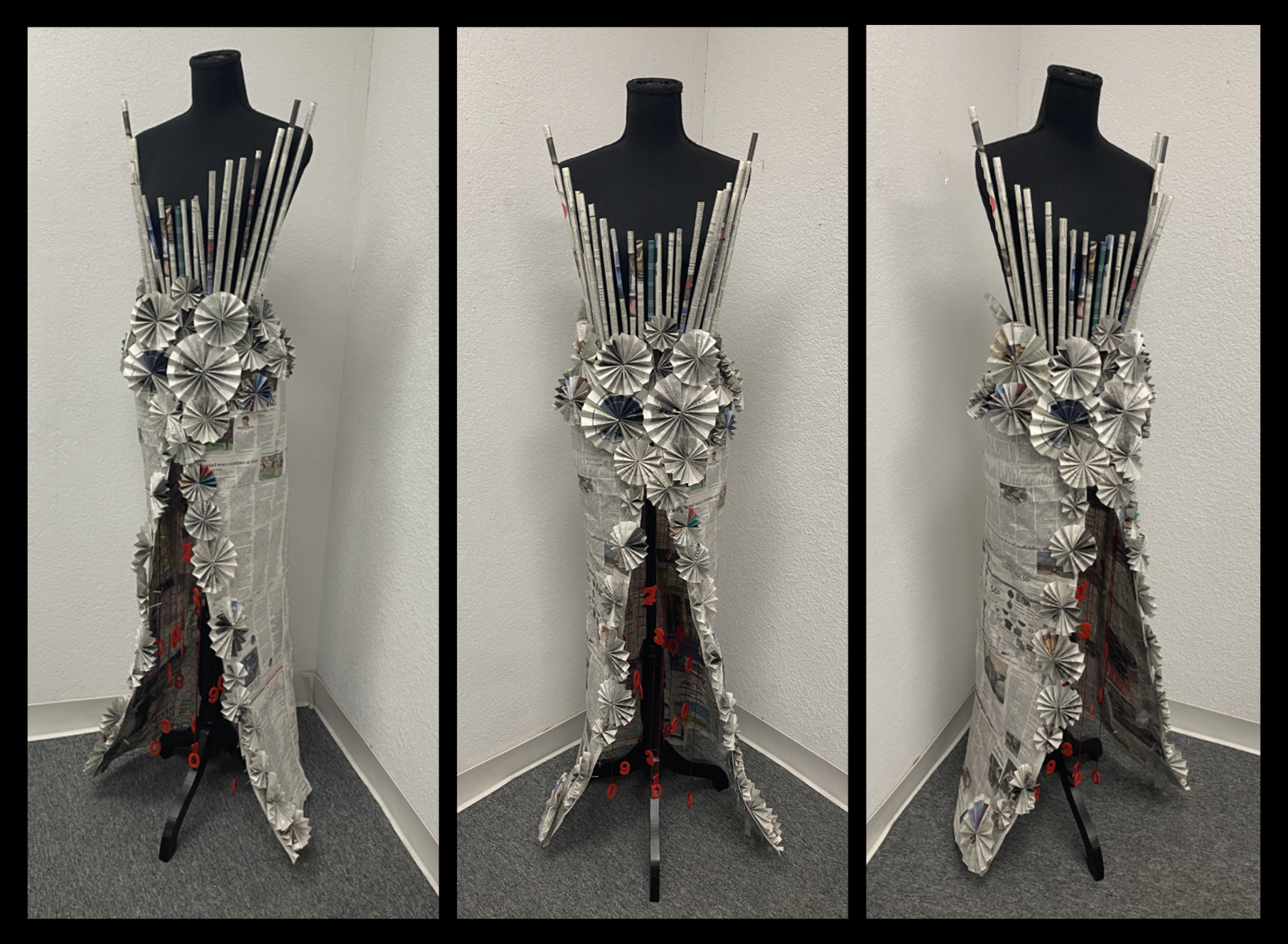 "Death Counts": collaged and folded newsprint, plastic numerals, embroidery string, LEDs
