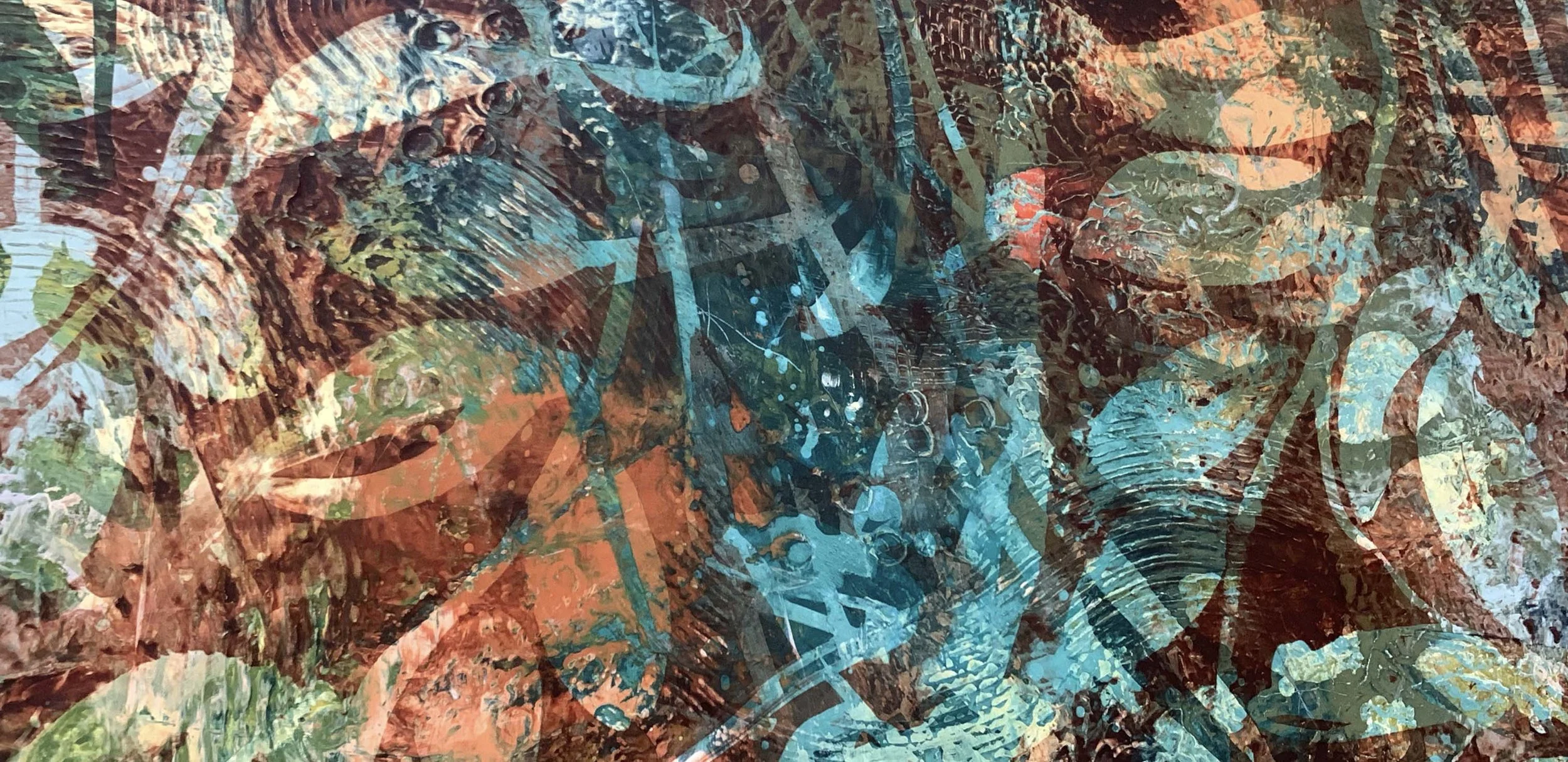 An abstract, layered artwork with a mix of earth tones, blues, greens, and whites, featuring various textures, brushstrokes, and patterns.