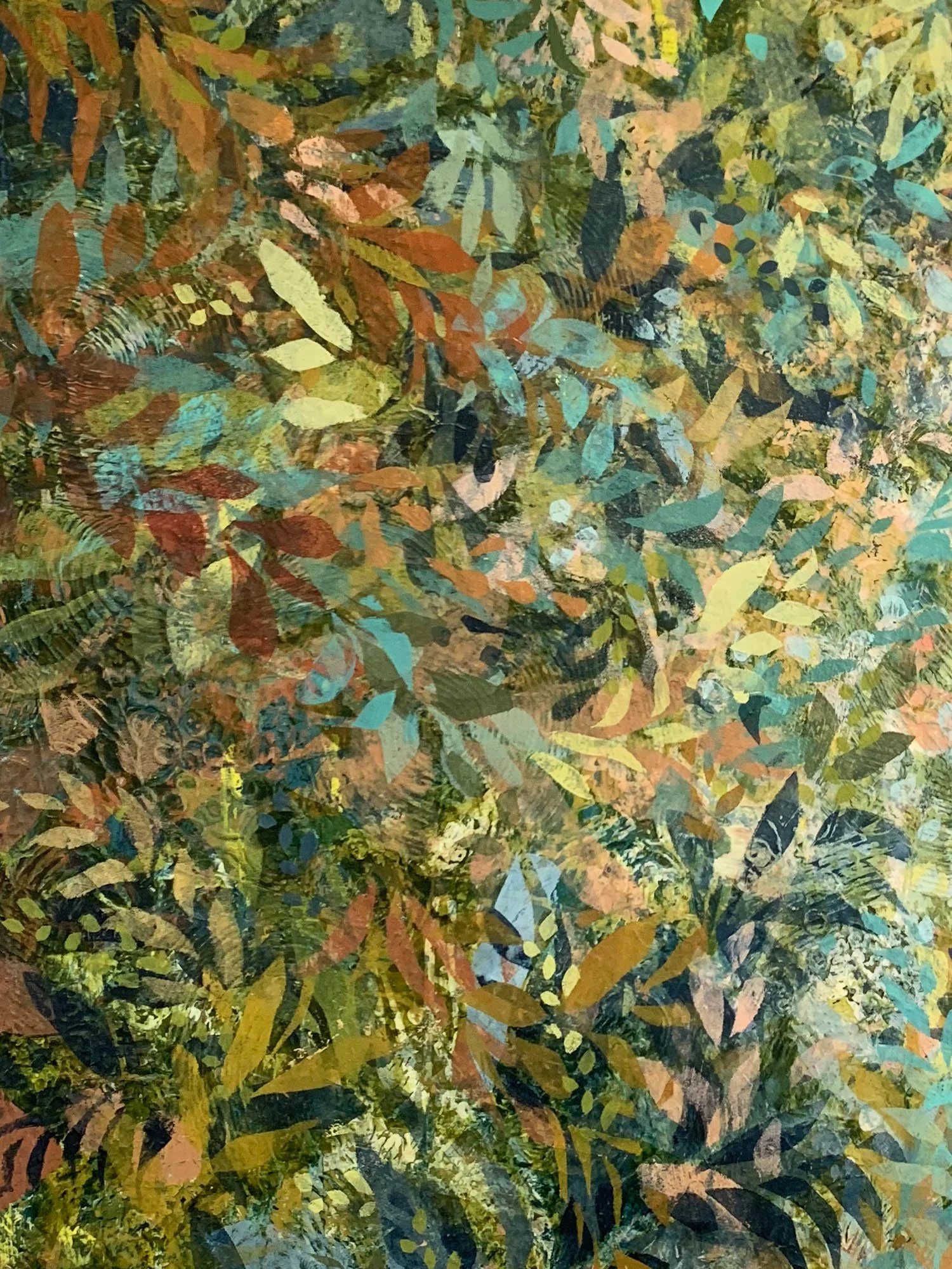 Choreography in the Canopy oil and cold wax on board with natural oak framing 1mx1m green