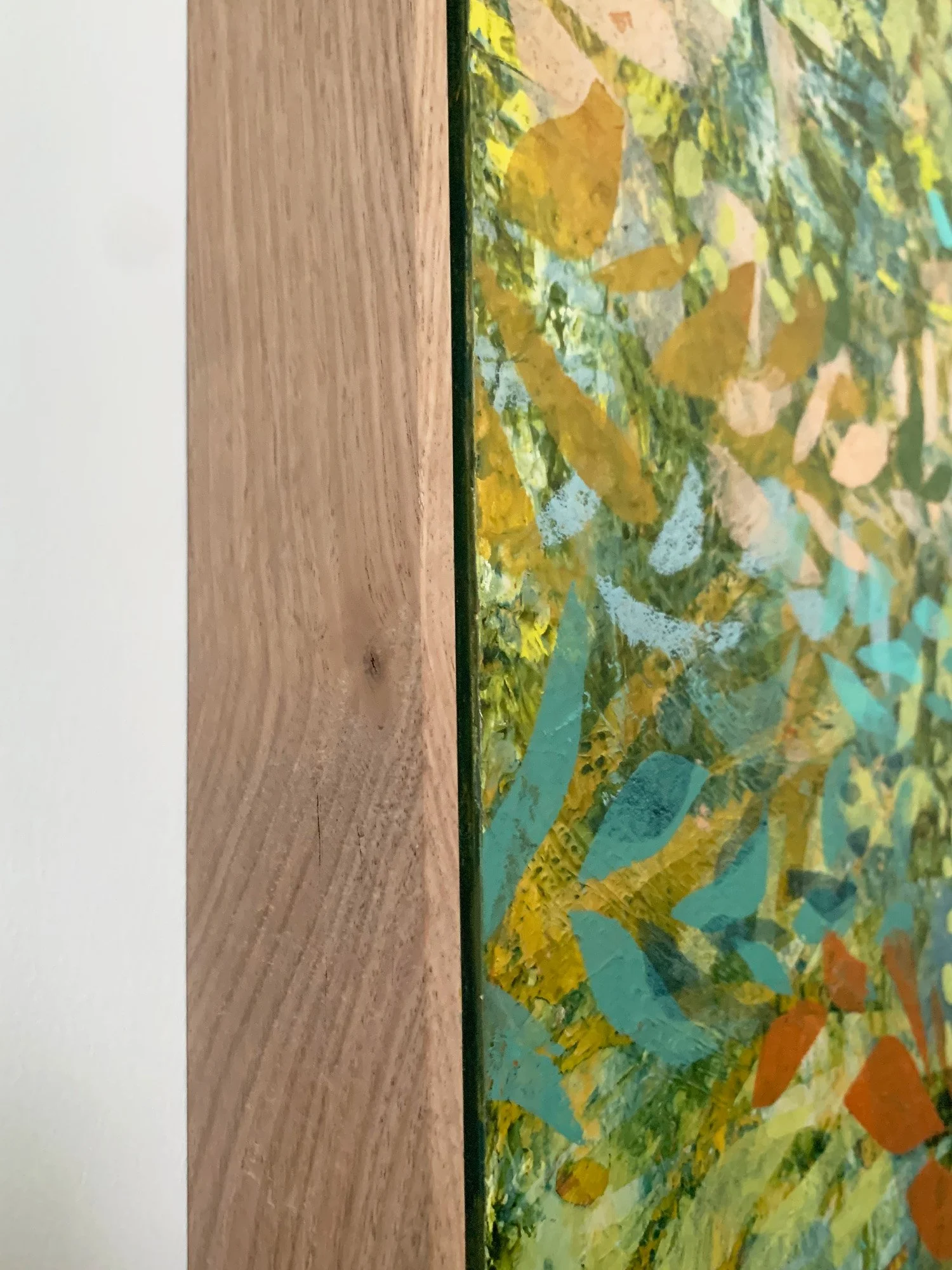 Choreography in the Canopy oil and cold wax on board with natural oak framing 1mx1m green