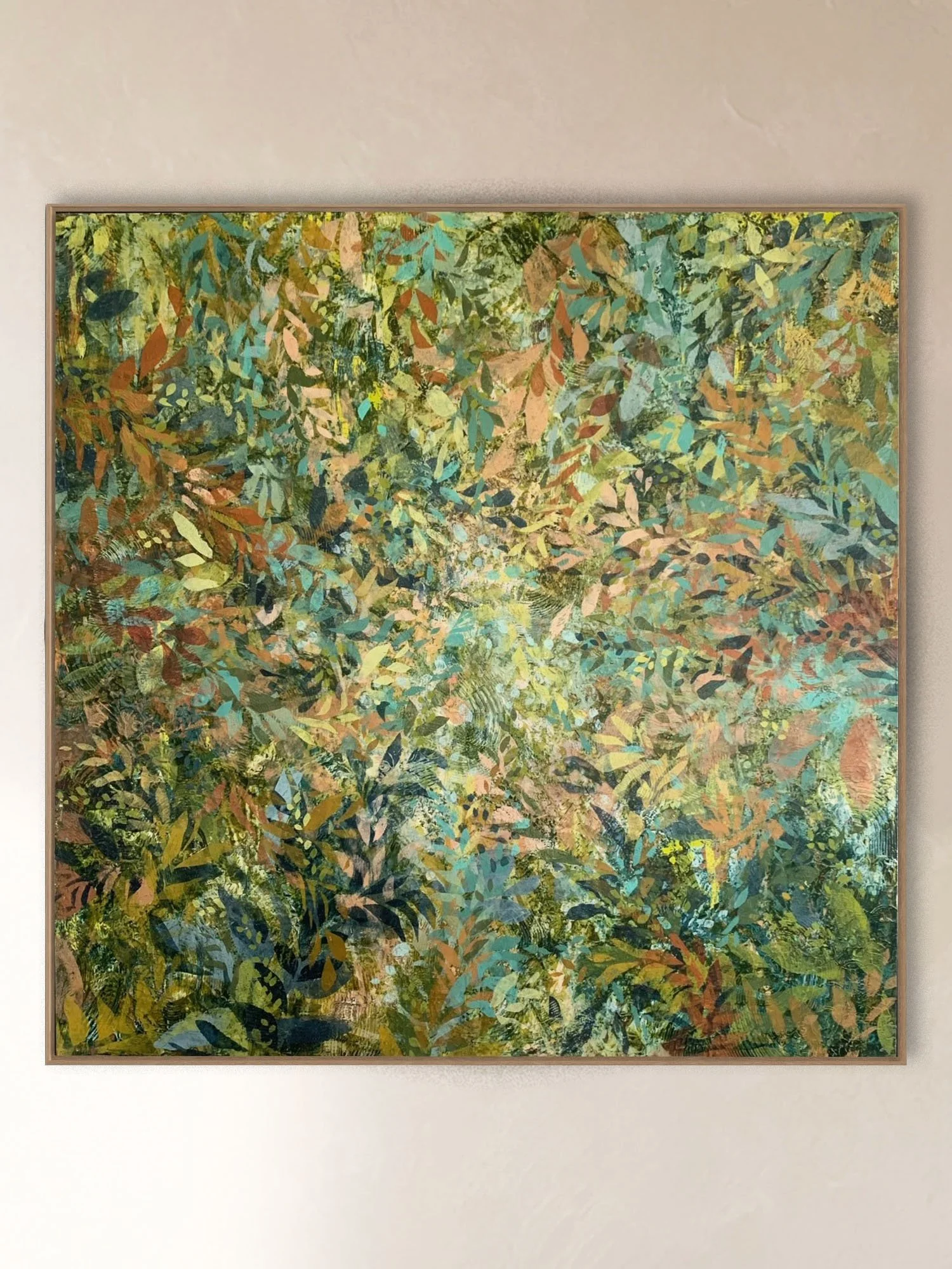 Choreography in the Canopy oil and cold wax on board with natural oak framing 1mx1m green