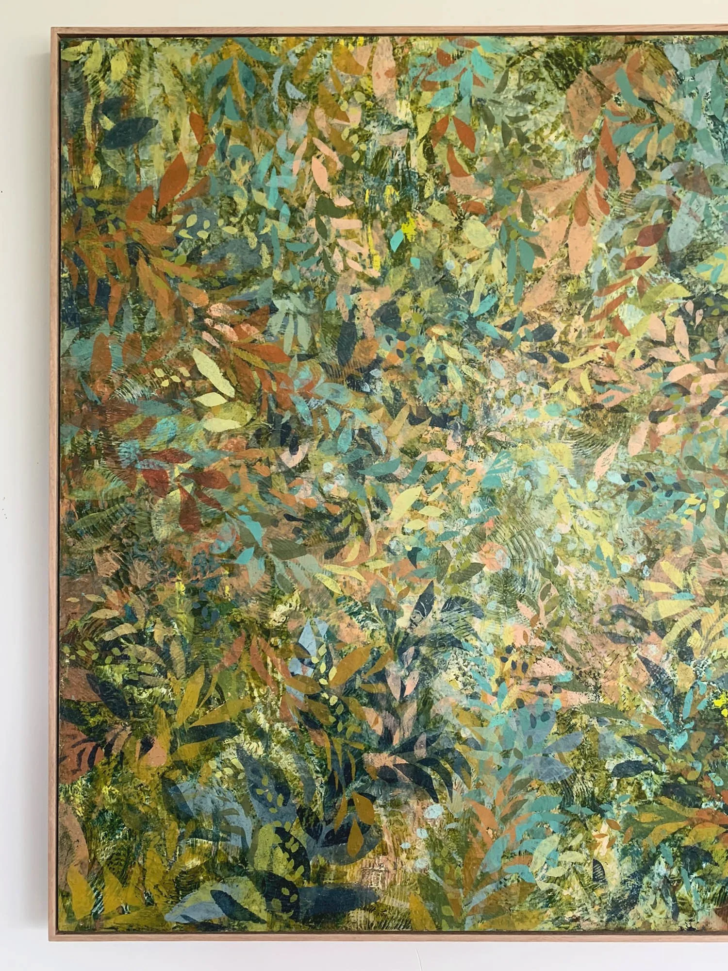 Choreography in the Canopy oil and cold wax on board with natural oak framing 1mx1m green