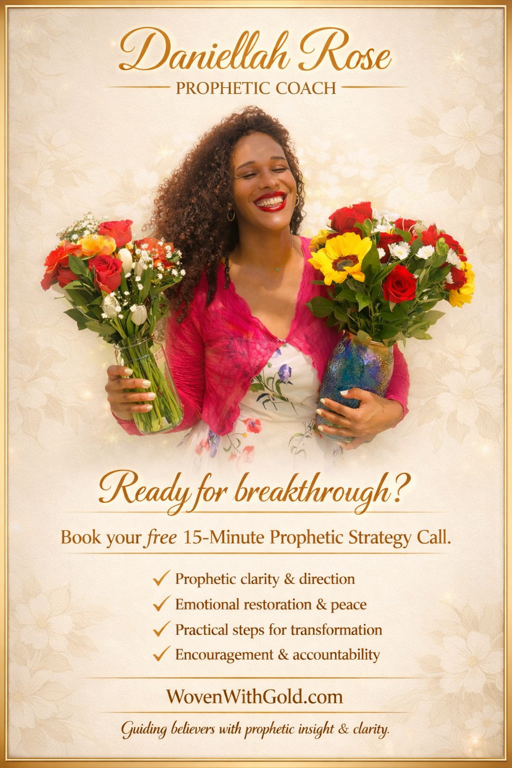 A woman with curly hair holding two bouquets of colorful flowers, smiling, advertising a prophetic coaching service by Daniellah Rose.
