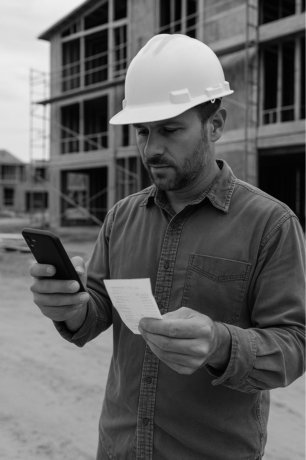 Contractor reviewing a receipt and phone on a construction job site