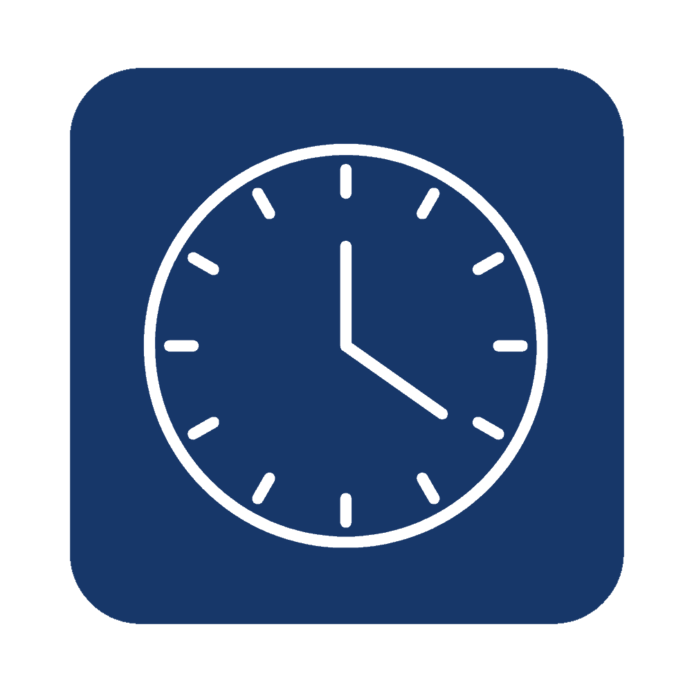 Blue square icon with rounded corners featuring a white clock showing 3:00.