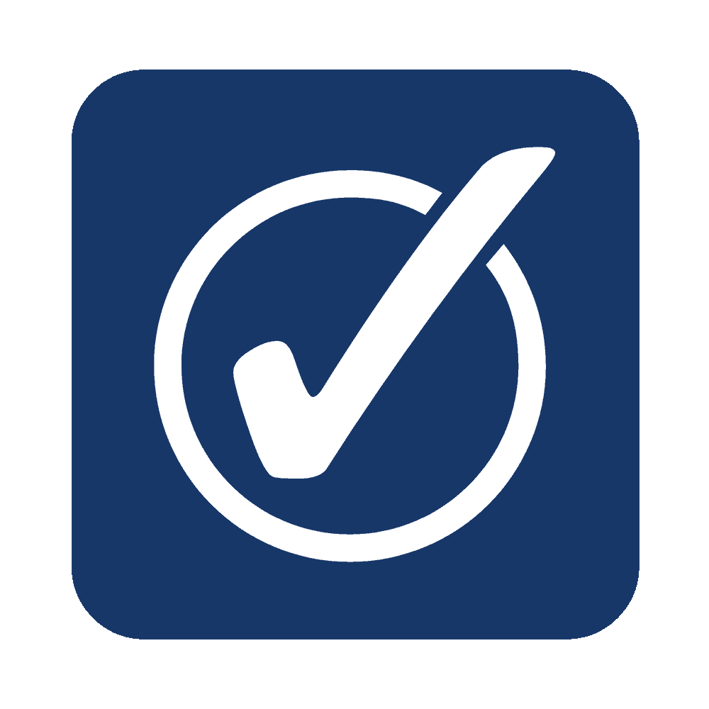 Icon of a check mark inside a circle on a blue rounded square background.