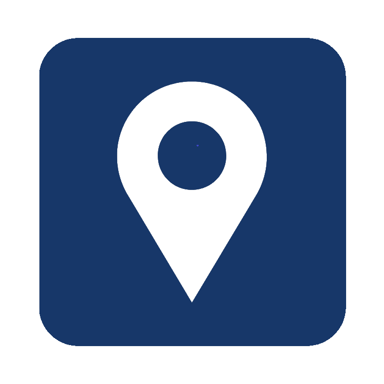 Icon of a white map pin on a blue background, representing location or GPS.