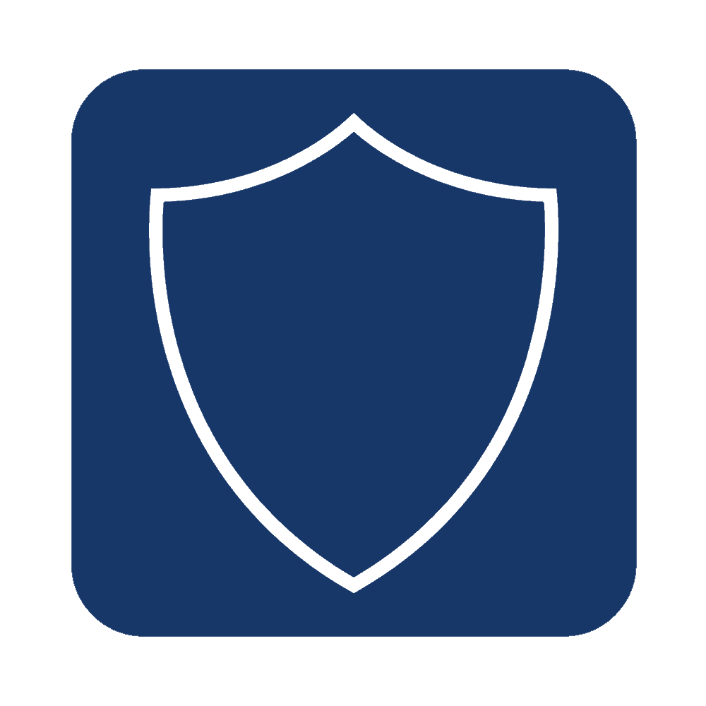 Icon of a white shield outline on a blue background, symbolizing protection or security.