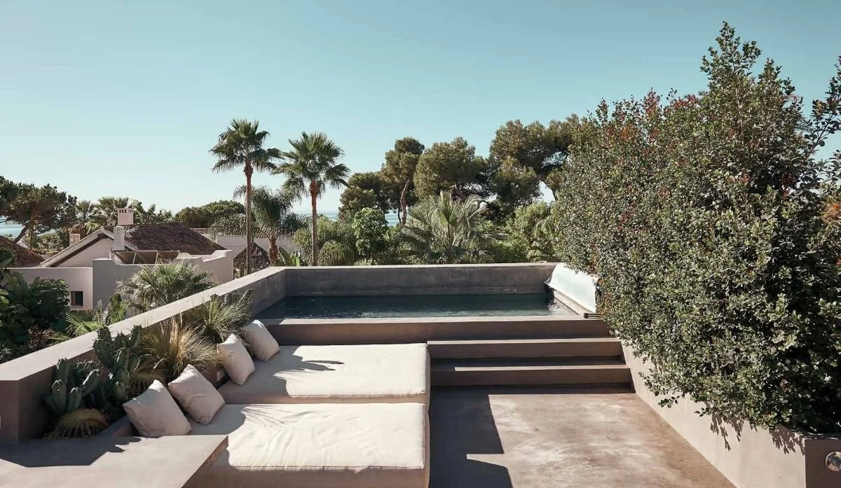 Rooftop pool on a sunny day with surrounding greenery and palm trees.