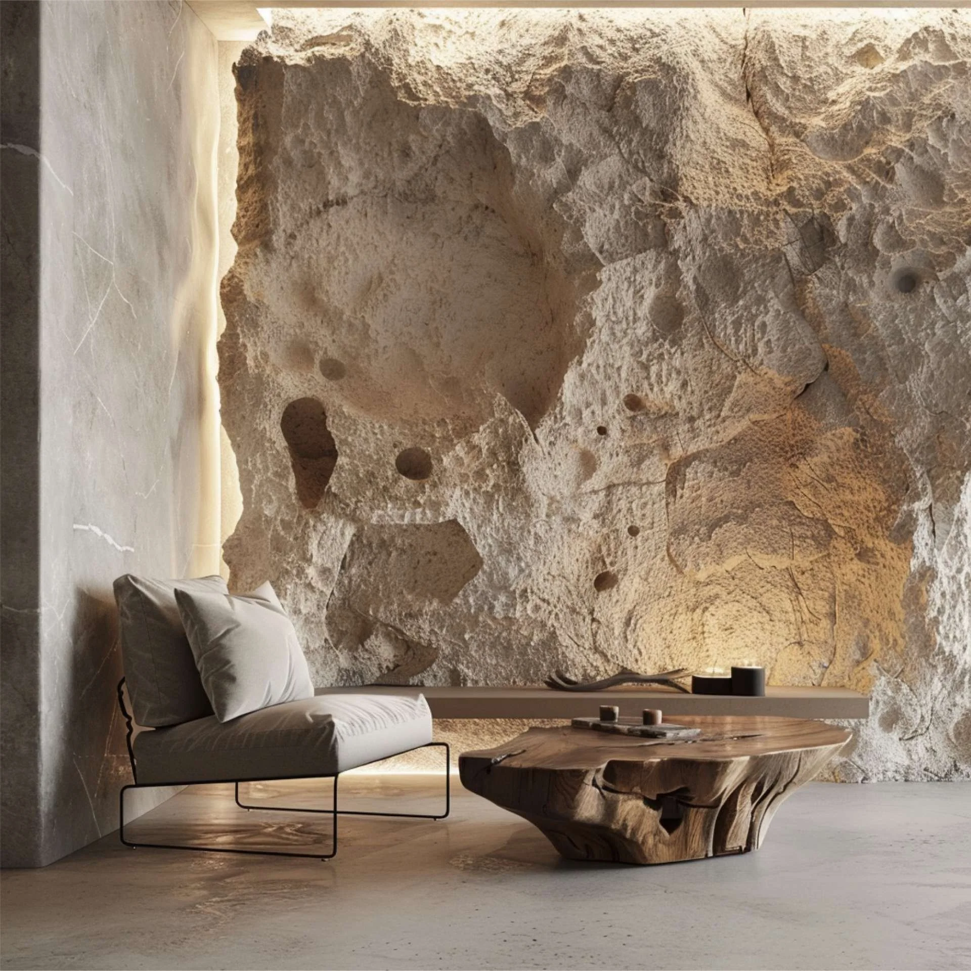 Modern interior with a large textured rock wall, a white cushioned lounge chair with black metal frame, and a natural wooden coffee table.