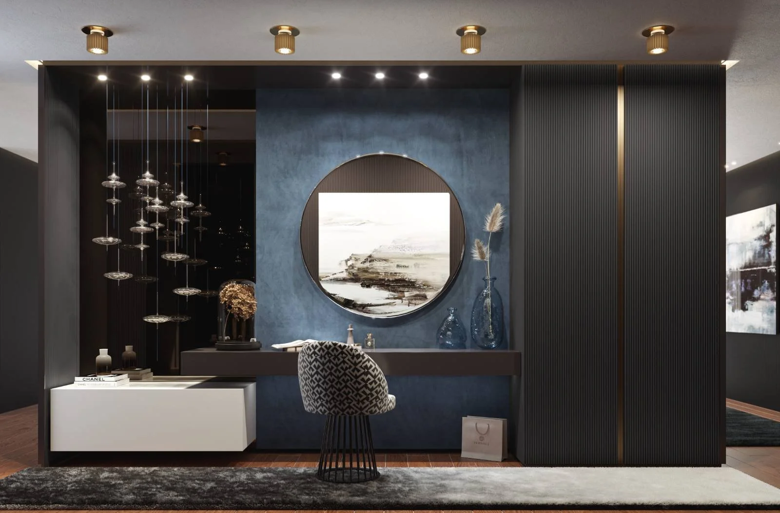 Modern interior with a blue accent wall, round mirror, glass vases, and a patterned chair in front of a black and white console, on a dark rug.