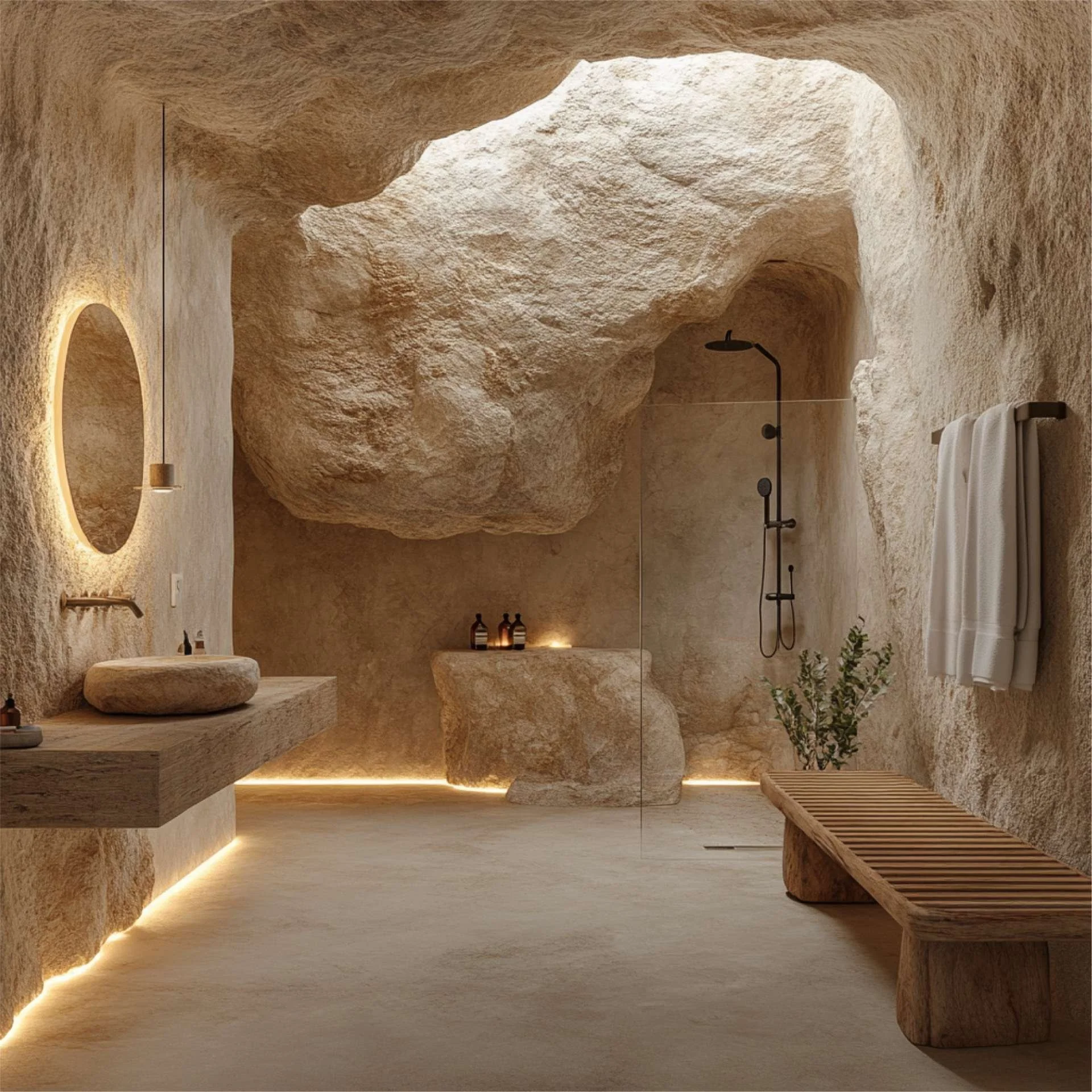 Luxurious bathroom with cave-like rock walls and ceiling, a stone sink on a wooden vanity, a round mirror with backlighting, a walk-in shower with black fixtures, a wooden bench, and a towel hanging on the wall.