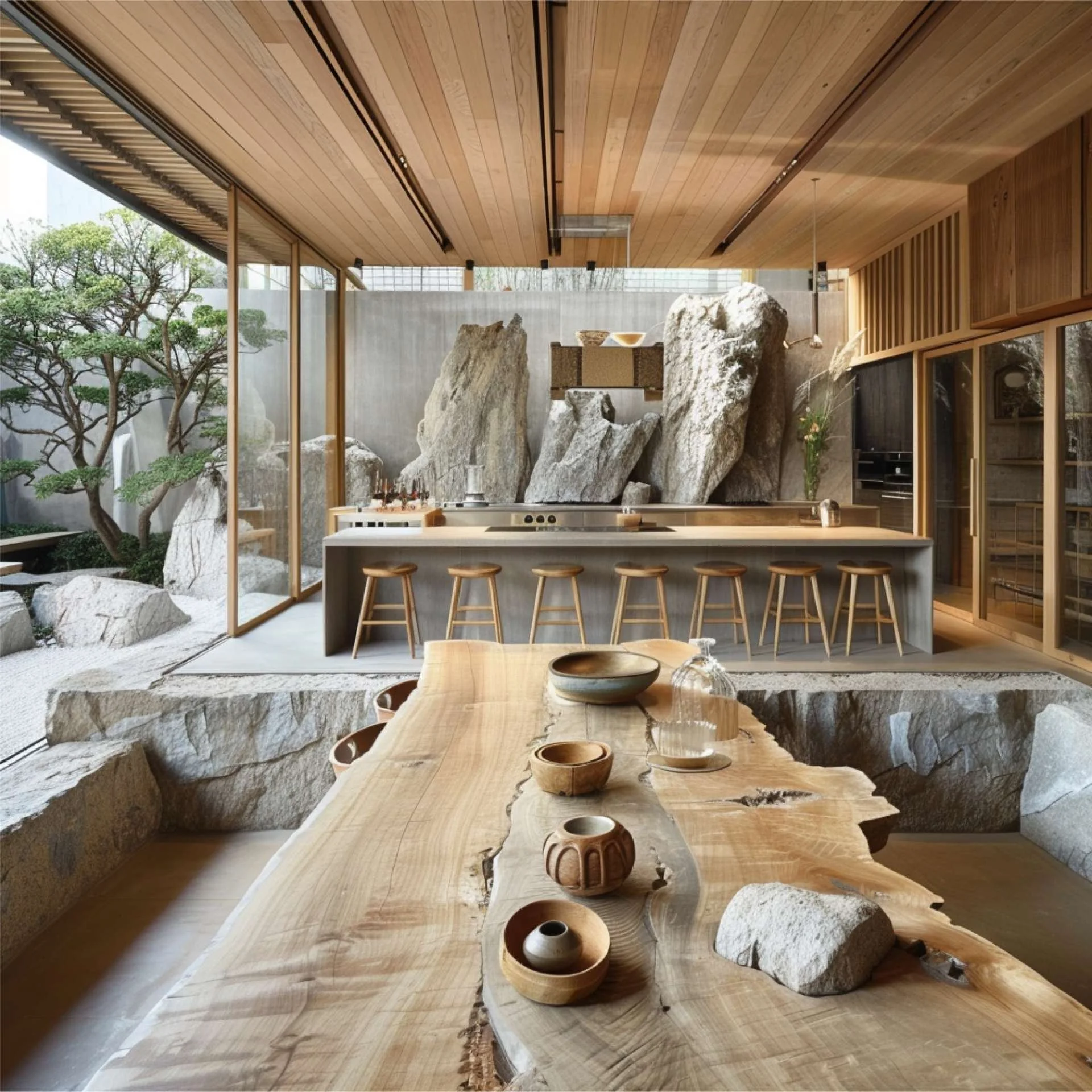 Modern interior kitchen with wooden ceiling, large rocks, and glass walls looking out to a garden with trees.