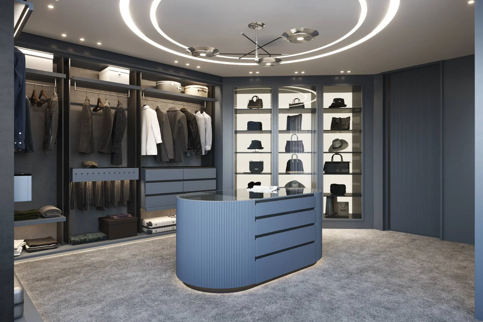 A modern walk-in closet with clothing, handbags, and accessories displayed on shelves and hanging rods, featuring a central curved blue cabinet, carpeted flooring, and overhead lighting.