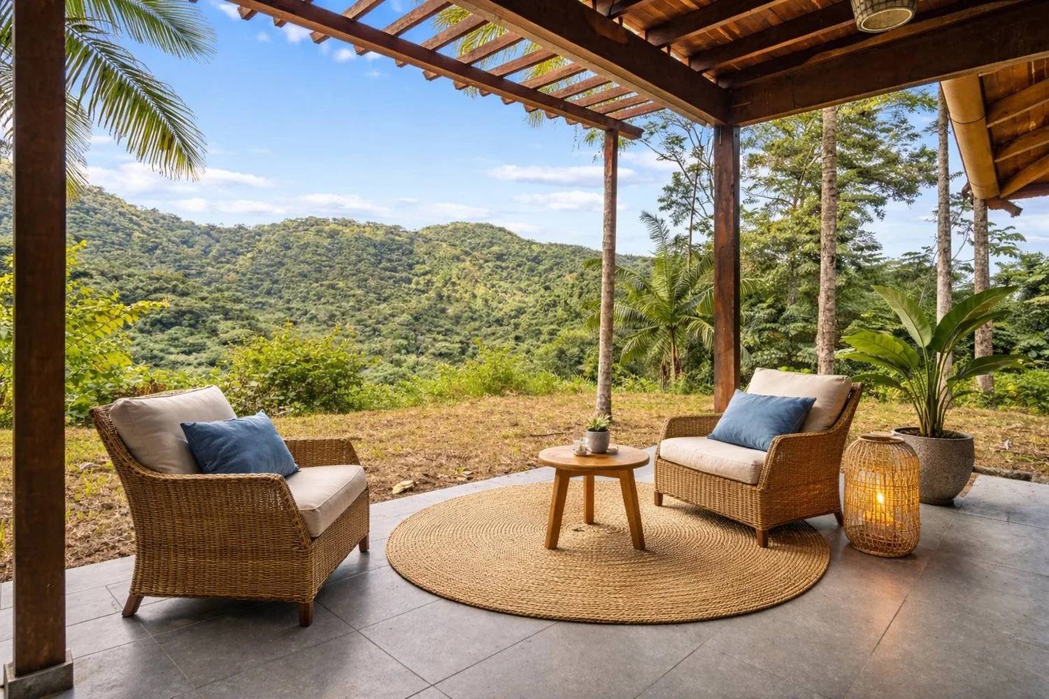 Covered terrace overlooking green hills