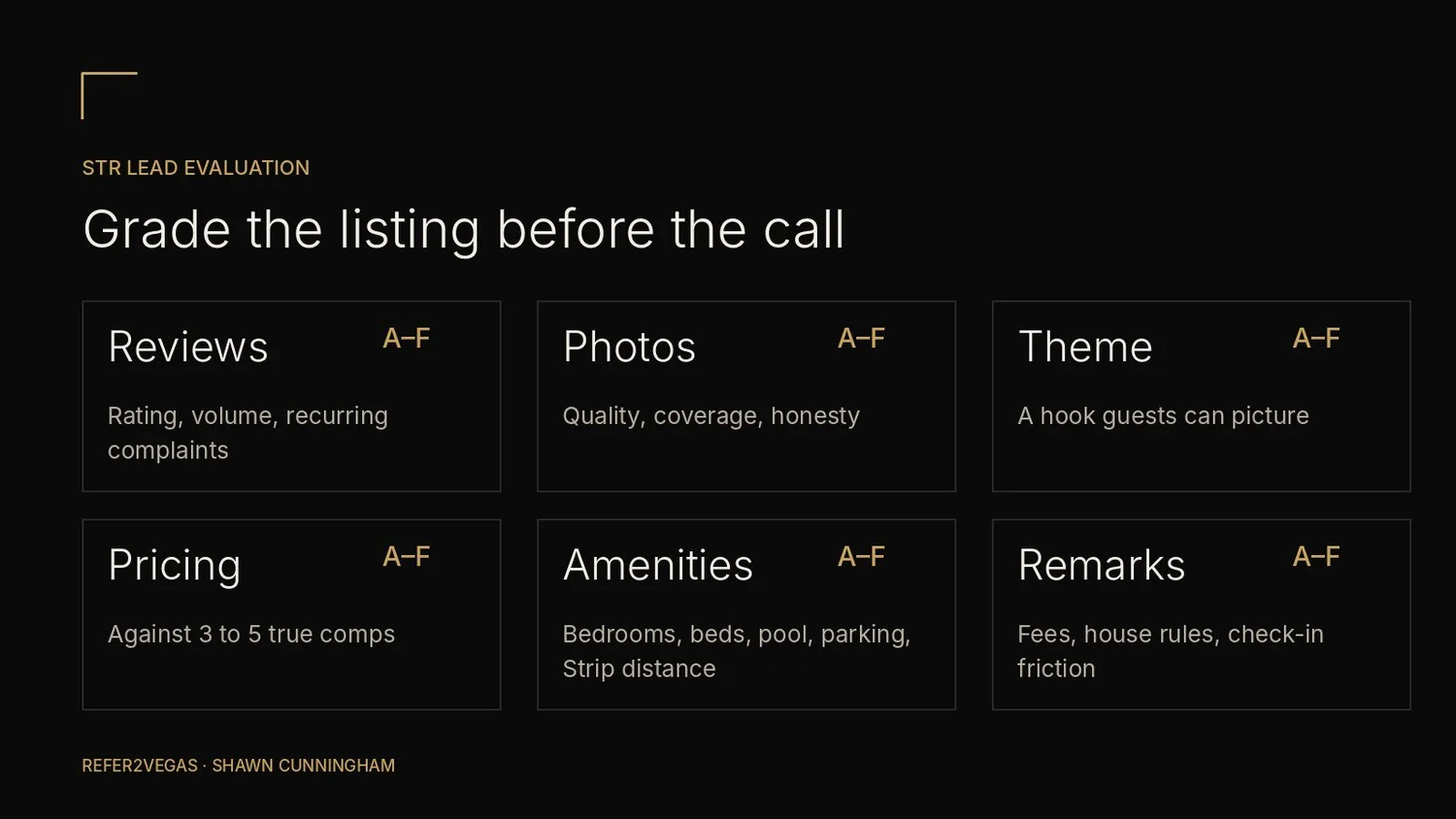 Six-part STR scorecard: reviews, photos, theme, pricing, amenities, remarks