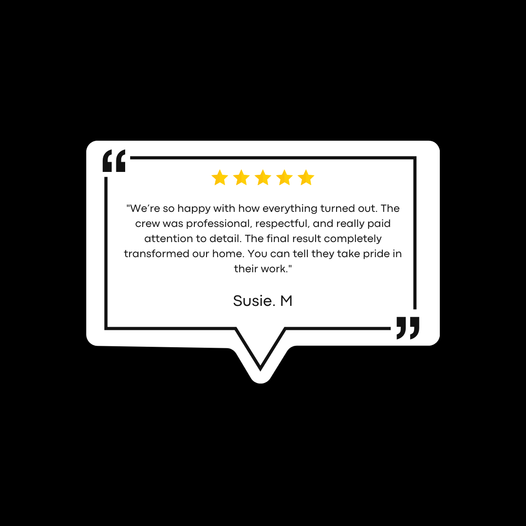 Customer review card with five gold stars and a quote praising the professional service, signed by Susie M.