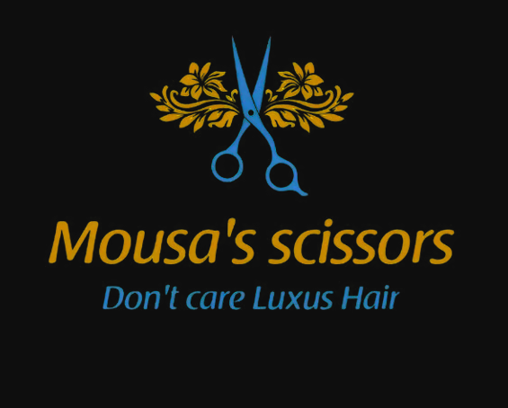 Logo for Mousa's Scissors featuring a pair of scissors with decorative yellow floral elements, the text 'Mousa's scissors' in gold, and the slogan 'Don't care Luxus Hair' in blue.