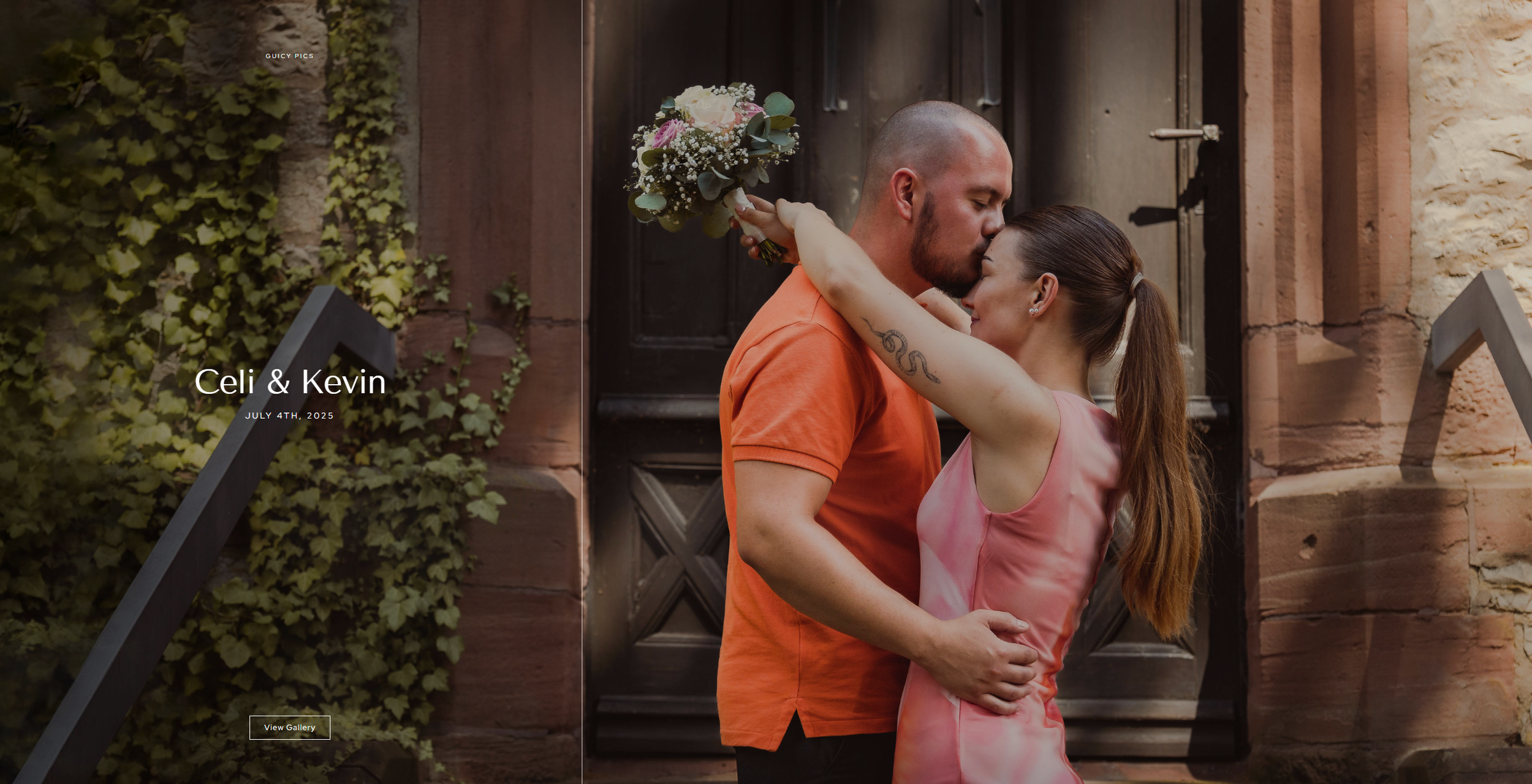 A couple sharing a kiss, with the woman holding a bouquet of flowers, standing outside a building with ivy-covered walls.