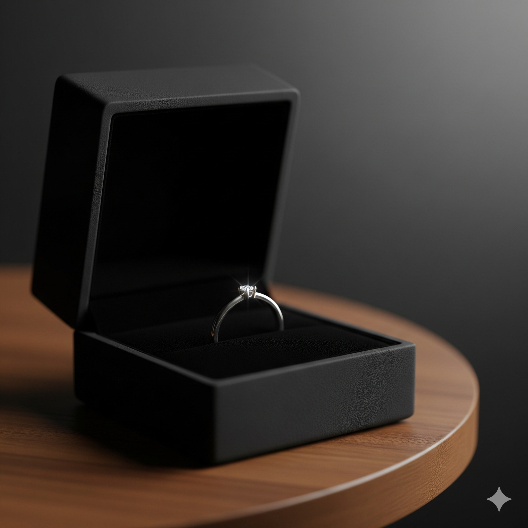 A diamond engagement ring in a black jewelry box on a wooden surface.