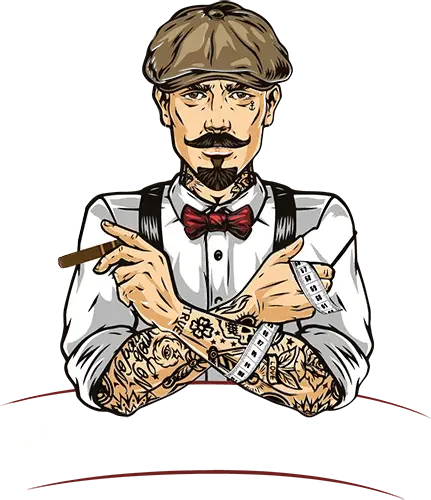 Illustration of a man with tattoos, a mustache, and a goatee, wearing a white shirt, red bow tie, suspenders, holding a cigarette in one hand and a tape measure in the other.