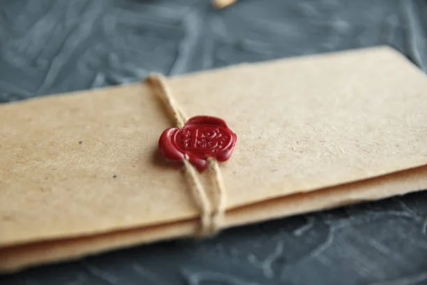 A brown envelope sealed with a red wax seal and tied with a piece of twine, resting on a dark surface.
