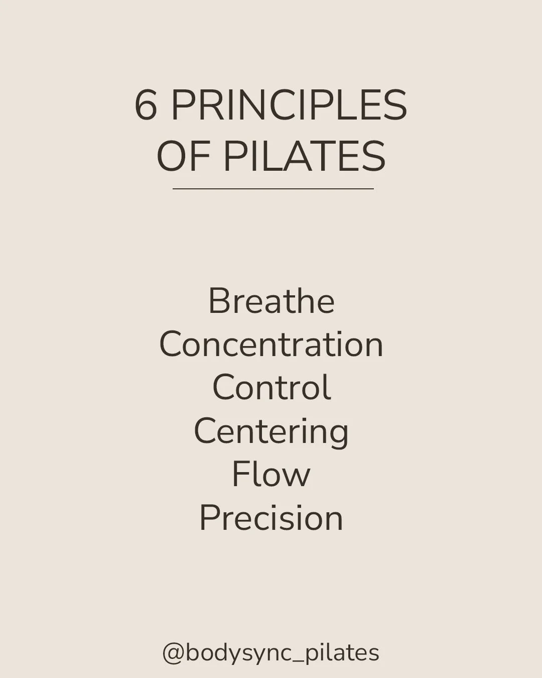Breathe - synchronizes spinal movement
Concentration - sharpens mind-body connection
Control - refines each movement with purpose
Centering - All movement begins from the center and out
Flow - seamless and controlled transitions for strength and stam
