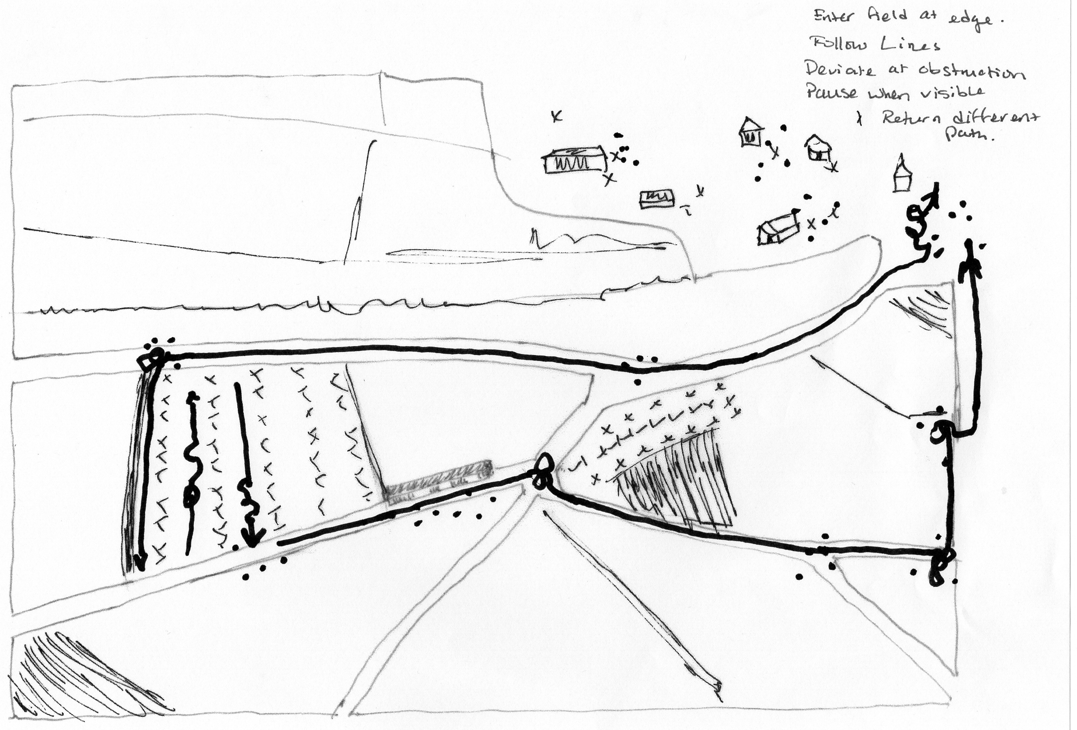 Cruising paths within a structured landscape. Derived from aerial imagery of Groß-Kellergasse, the diagram maps how movement unfolds in relation to agricultural divisions, where orientation, visibility, and deviation intersect. © Daniel Hill, 2026 