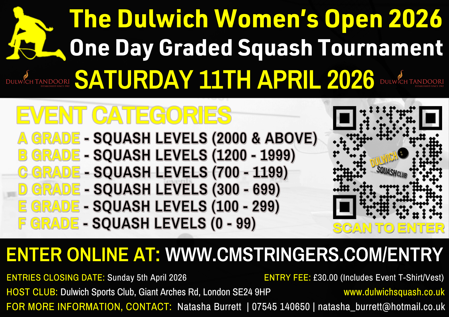 Event poster for the Dulwich Women's Open 2026 squash tournament on Saturday, April 11th, 2026. Features a yellow silhouette of a woman playing squash, black and yellow text with event details, QR code for entry, and sponsorship logos.