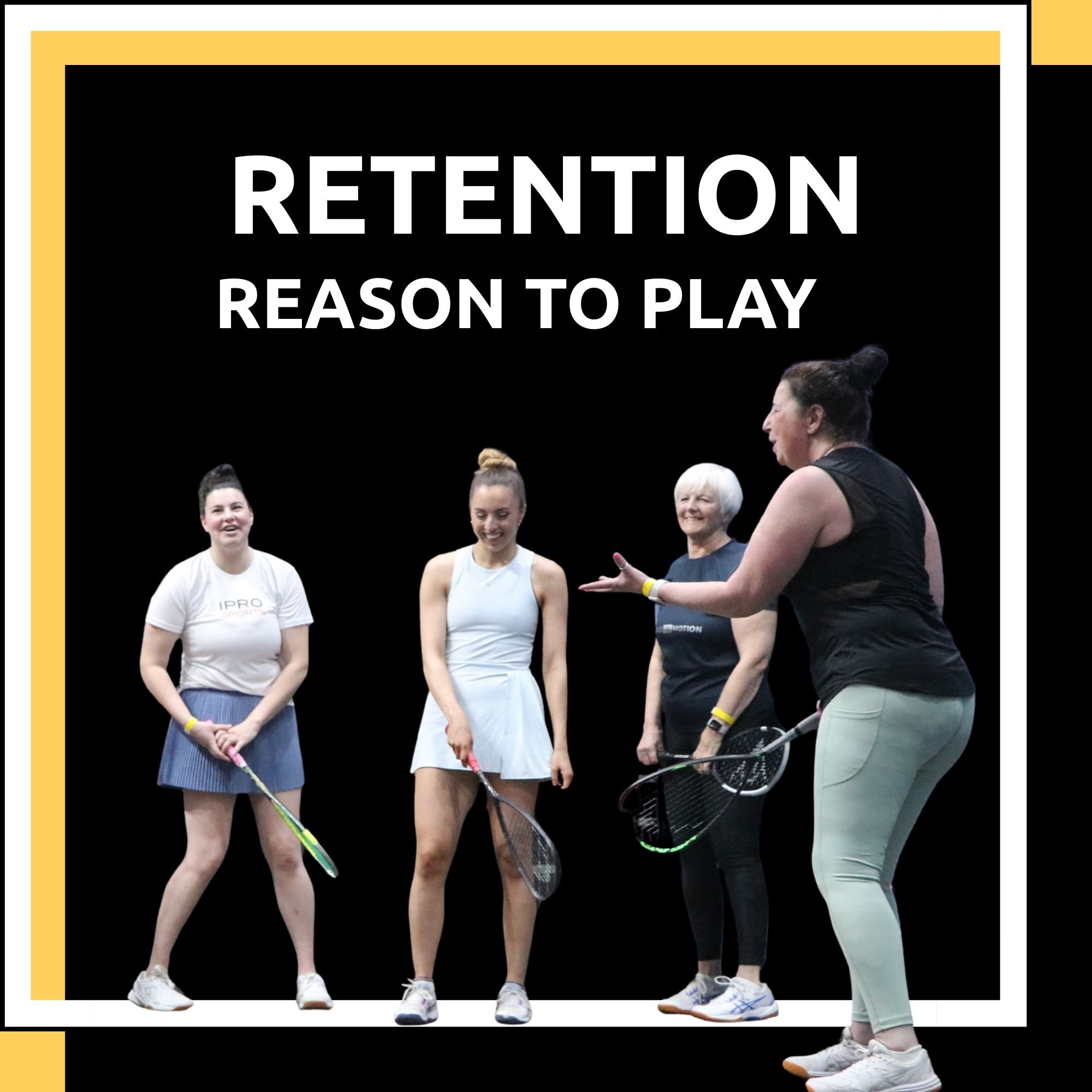 Four women on a squash court, one woman appears to be coaching three others. Women playing racket sports and having fun.