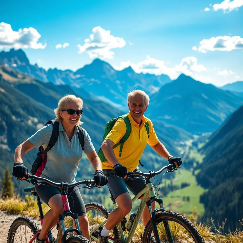 An elderly couple mountain biking on a trail with scenic mountain views and a partly cloudy sky in the background.