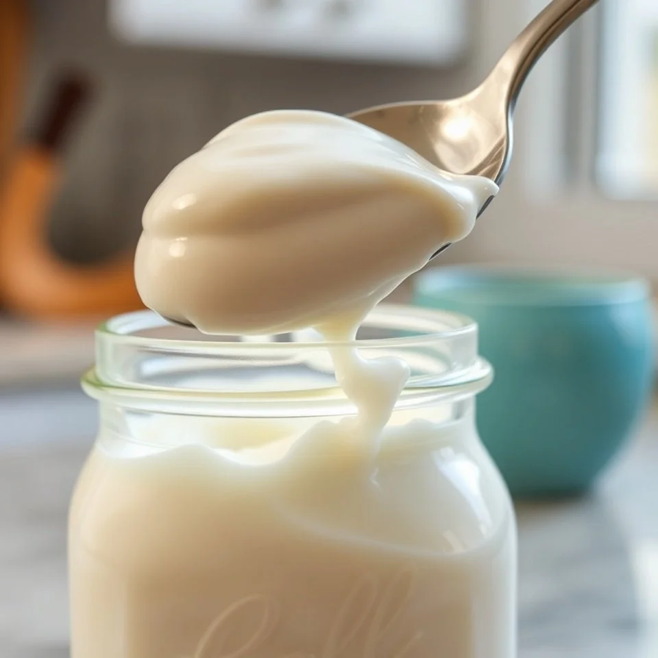 A spoonful of creamy yoghurt being lifted from a glass jar.
