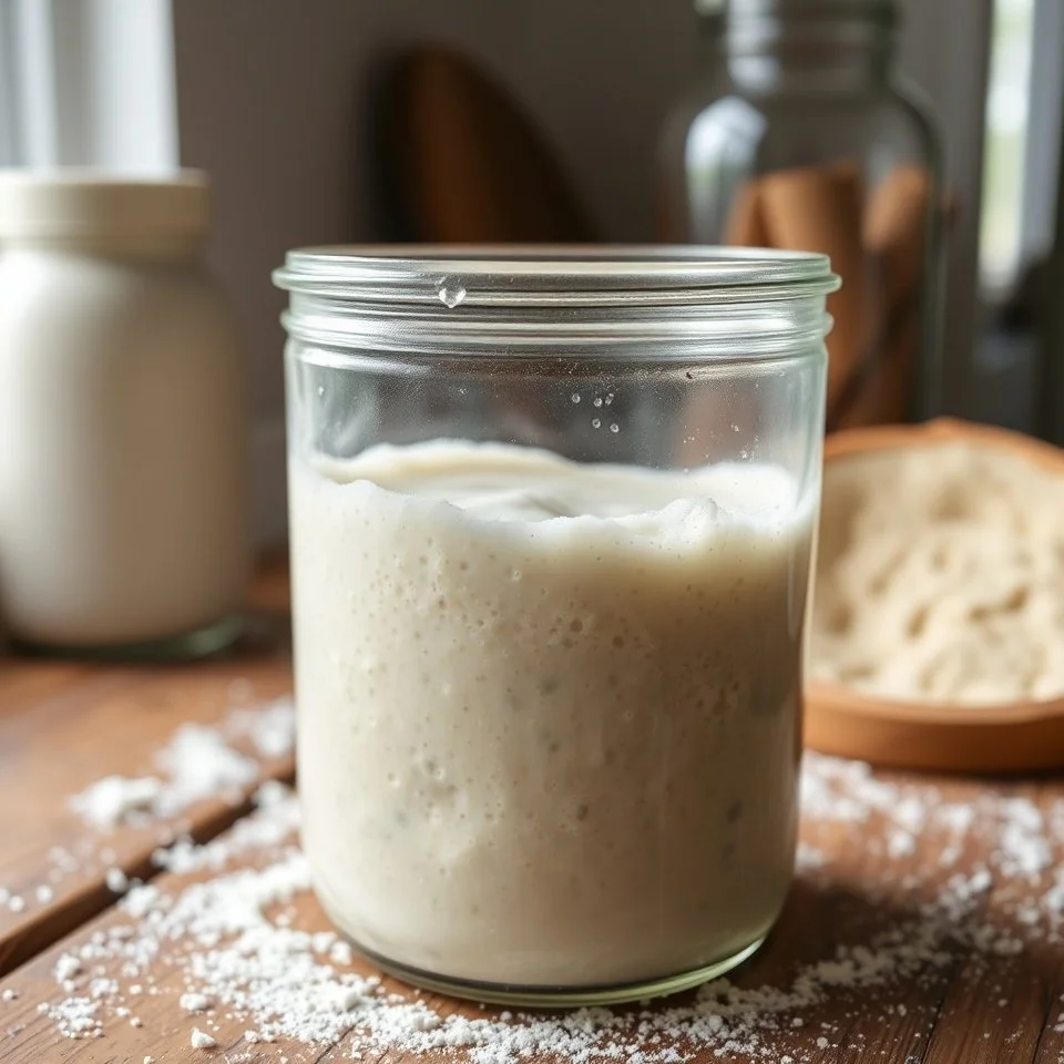 A glass jar filled with a frothy, creamy substance, likely whipped sourdough starter, on a wooden surface with scattered flour; background includes a jar with a sealed lid and a bowl with dough.