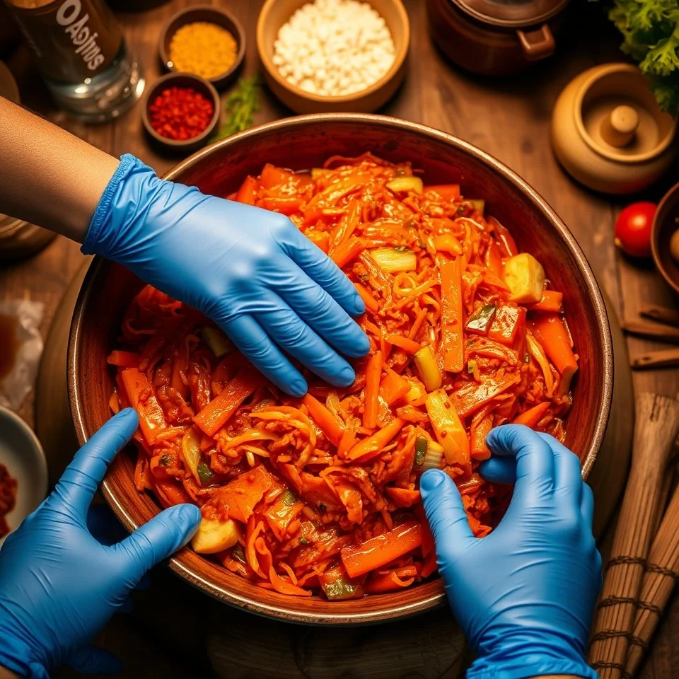 Two people wearing blue gloves mixing a large bowl of  kimchi with vegetables on a wooden table surrounded by small bowls of spices and ingredients.