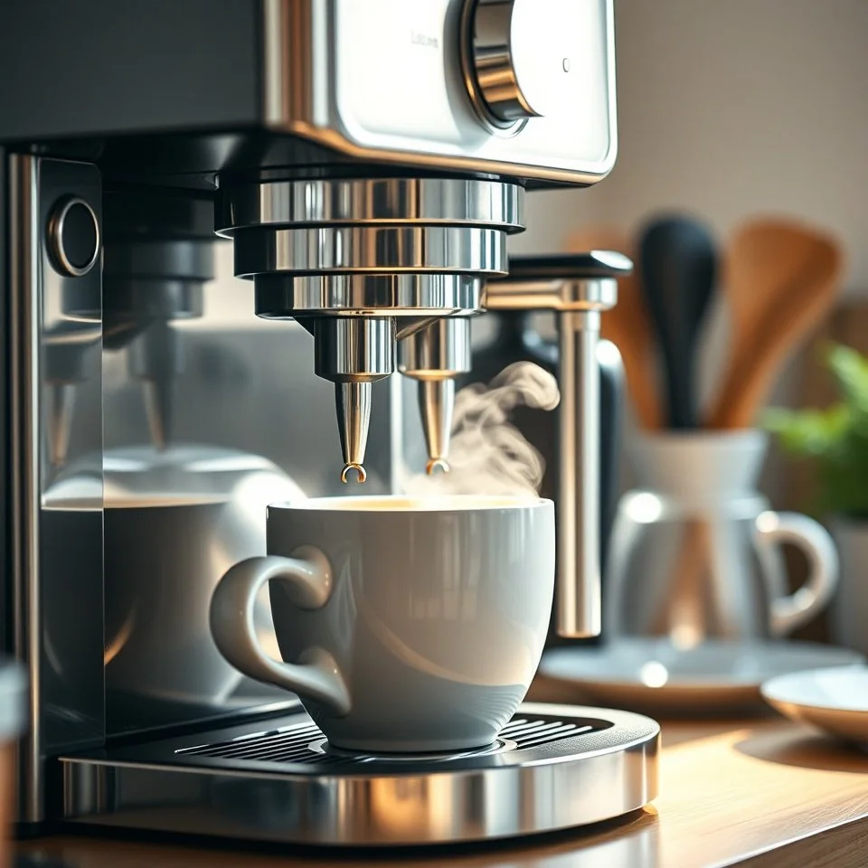 Steaming coffee being brewed in an espresso machine with a white ceramic mug underneath, on a wooden countertop with kitchen utensils and bowls in the background.